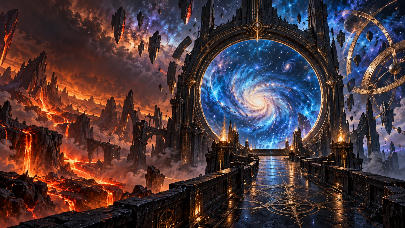 Obszidián csillagkapu egy lávafolyókkal átszőtt világ és egy kék galaxis találkozásánál